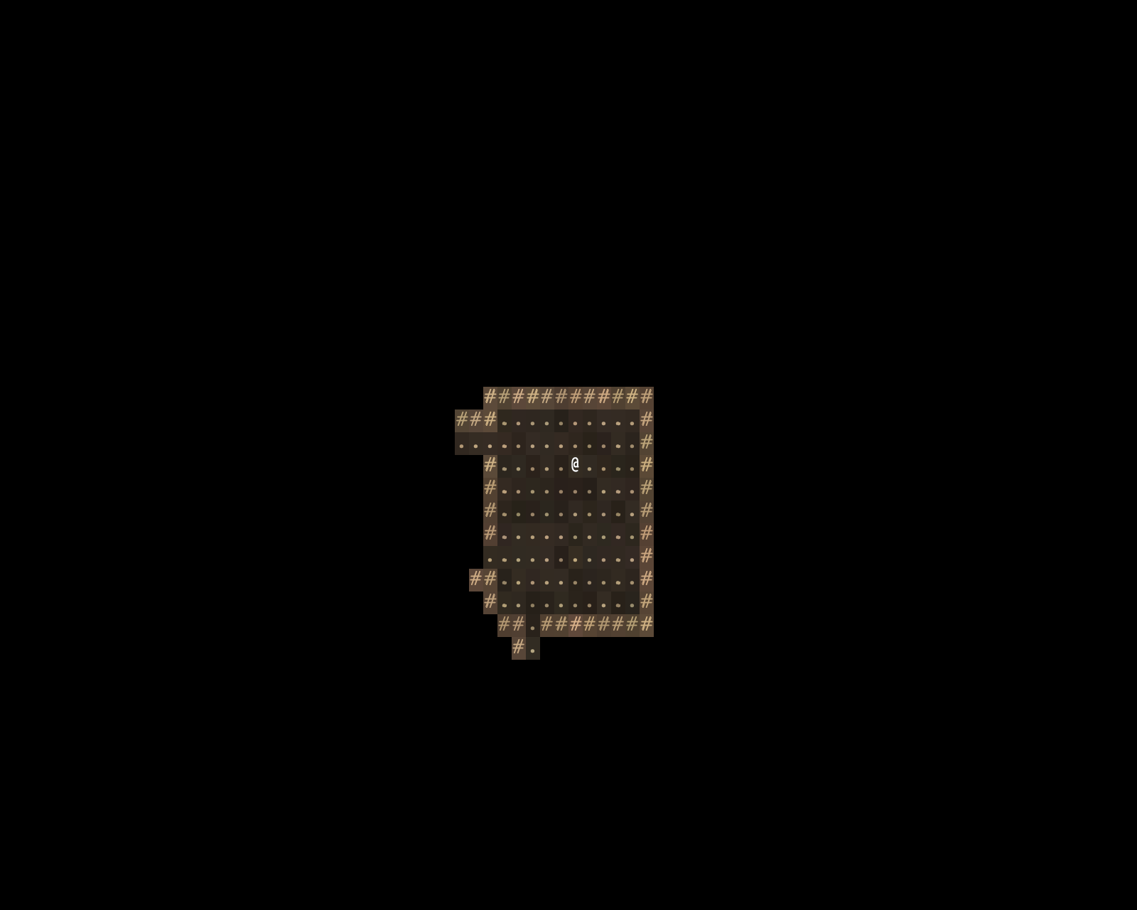 A dug room in warm browns, the player's @ in the middle