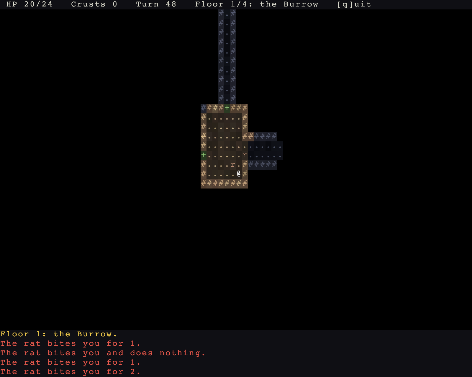 Warren: a dug room lit by sight, remembered corridors in cold blue, two rats closing in, and the log counting their bites
